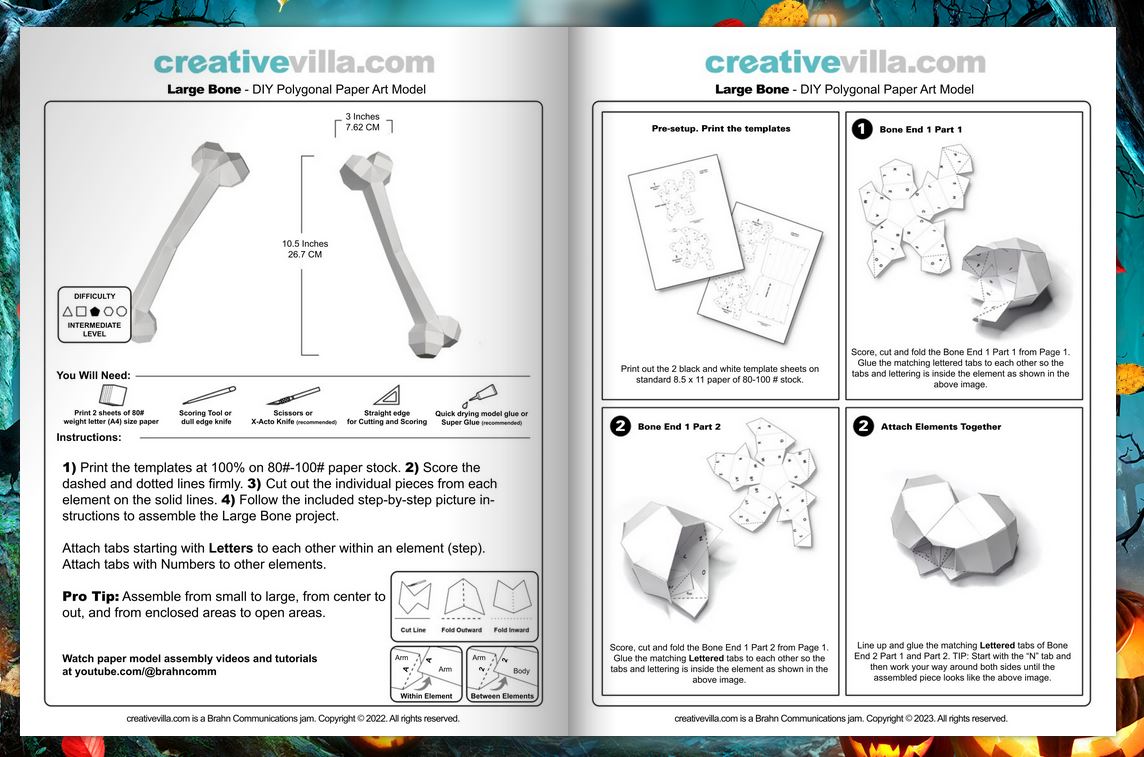 Large Bone Low Poly Paper Model Template, paper craft, Halloween