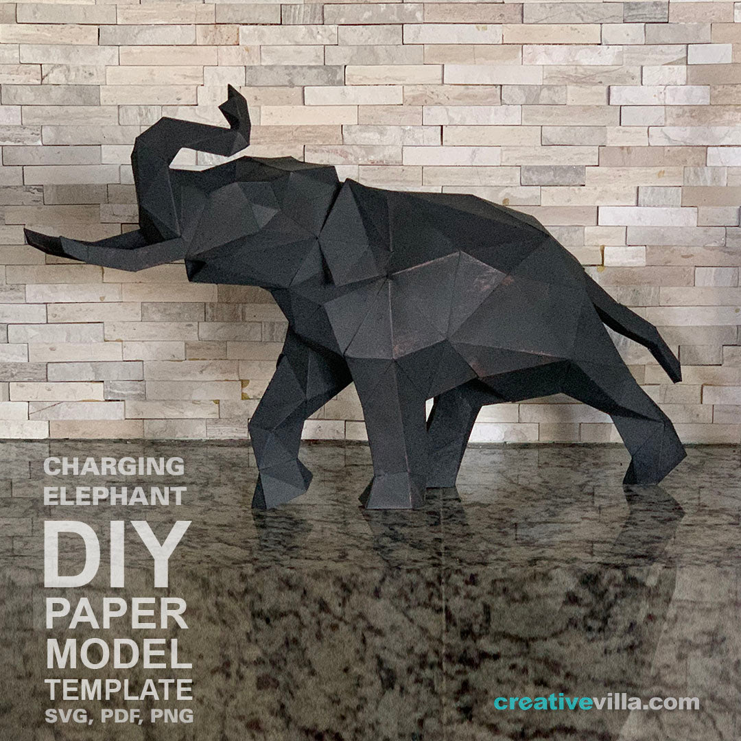 Charging Elephant - DIY Low Poly Paper Model Template, Paper Craft