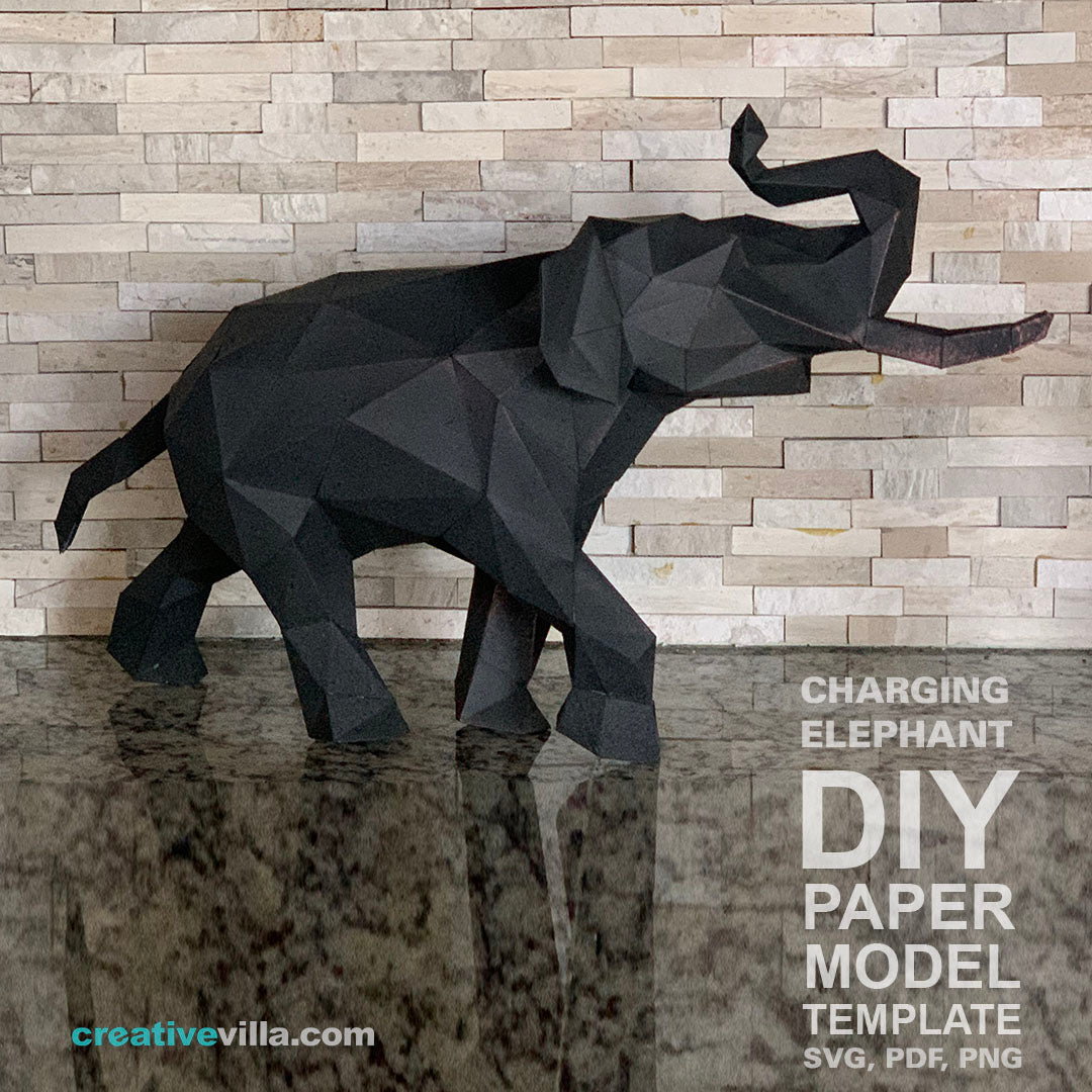 Charging Elephant - DIY Low Poly Paper Model Template, Paper Craft