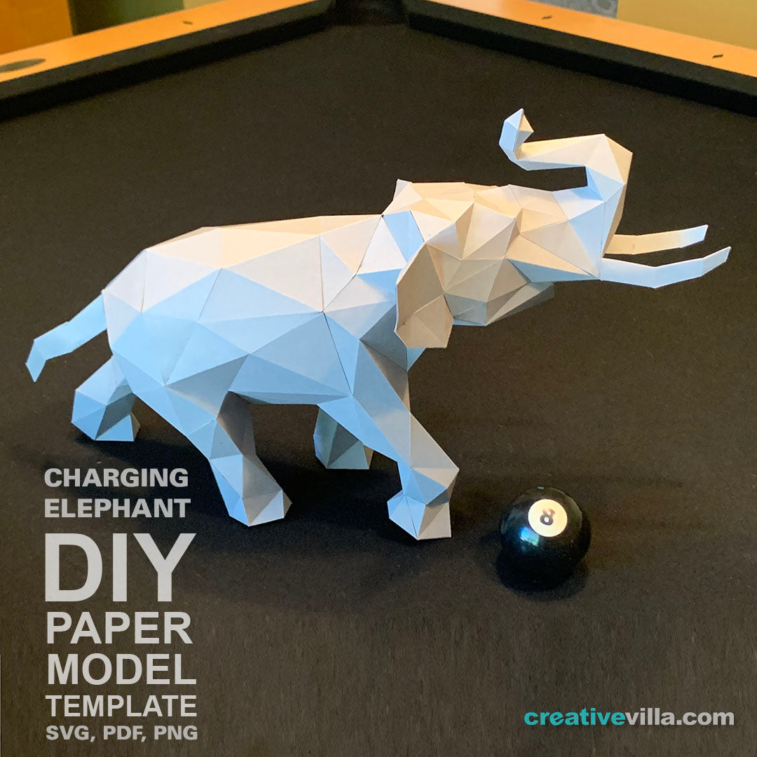 Charging Elephant - DIY Low Poly Paper Model Template, Paper Craft