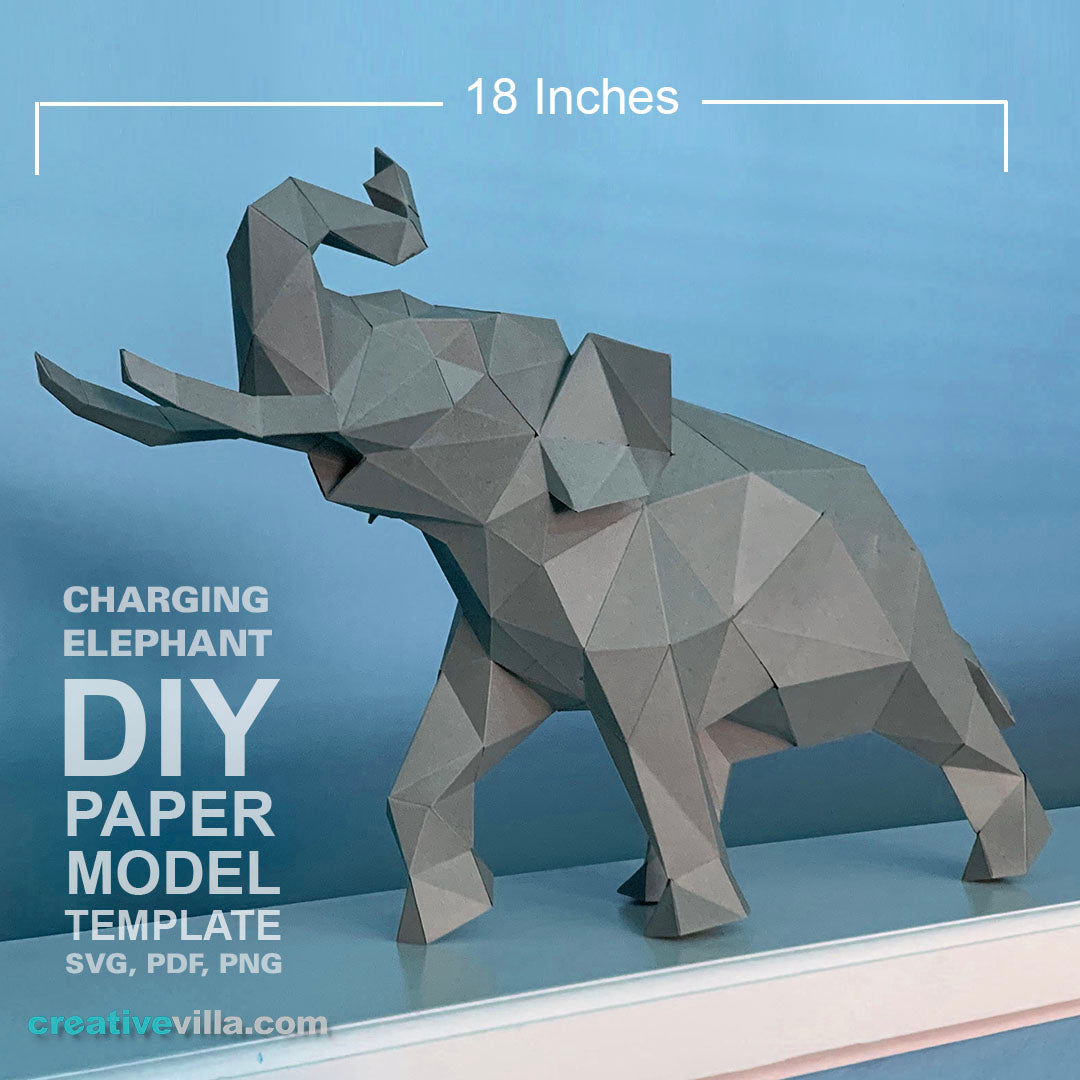 Charging Elephant - DIY Low Poly Paper Model Template, Paper Craft