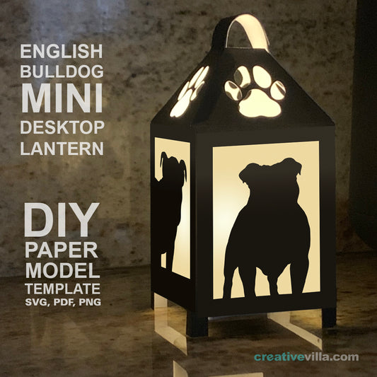 English Bulldog Mini Desktop Lantern DIY Low Poly Paper Model Template, Cricut Paper Craft