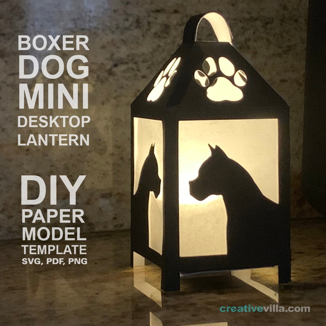 Boxer Dog Mini Desktop Lantern DIY Low Poly Paper Model Template, Cricut Paper Craft