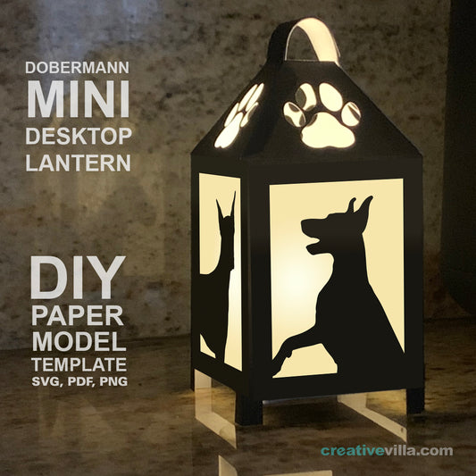 Dobermann Mini Desktop Lantern DIY Low Poly Paper Model Template, Cricut Paper Craft
