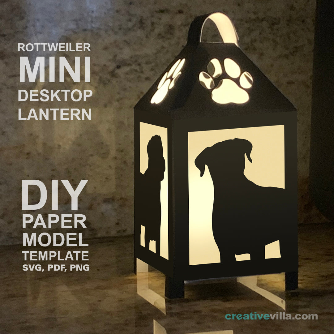 Rottweiler Dog Mini Desktop Lantern DIY Low Poly Paper Model Template, Cricut Paper Craft