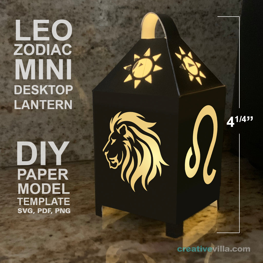 Leo Zodiac Mini Desktop Lantern DIY Low Poly Paper Model Template, Cricut Paper Craft