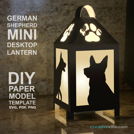 German Shepherd Mini Desktop Lantern DIY Low Poly Paper Model Template, Cricut Paper Craft