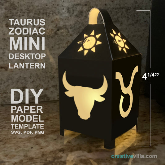 Taurus Zodiac Mini Desktop Lantern DIY Low Poly Paper Model Template, Cricut Paper Craft