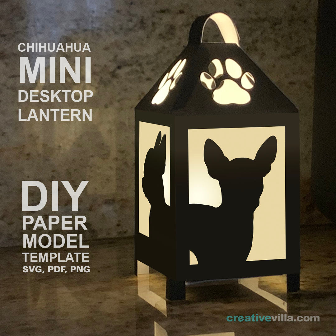 Chihuahua Mini Desktop Lantern DIY Low Poly Paper Model Template, Cricut Paper Craft
