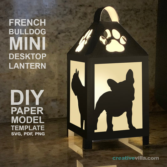 French Bulldog Mini Desktop Lantern DIY Low Poly Paper Model Template, Cricut Paper Craft