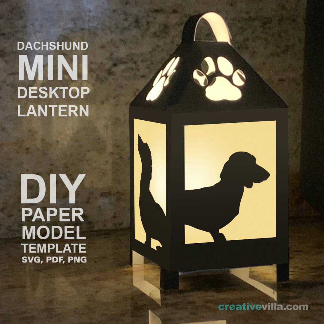 Dachshund Dog Mini Desktop Lantern DIY Low Poly Paper Model Template, Cricut Paper Craft