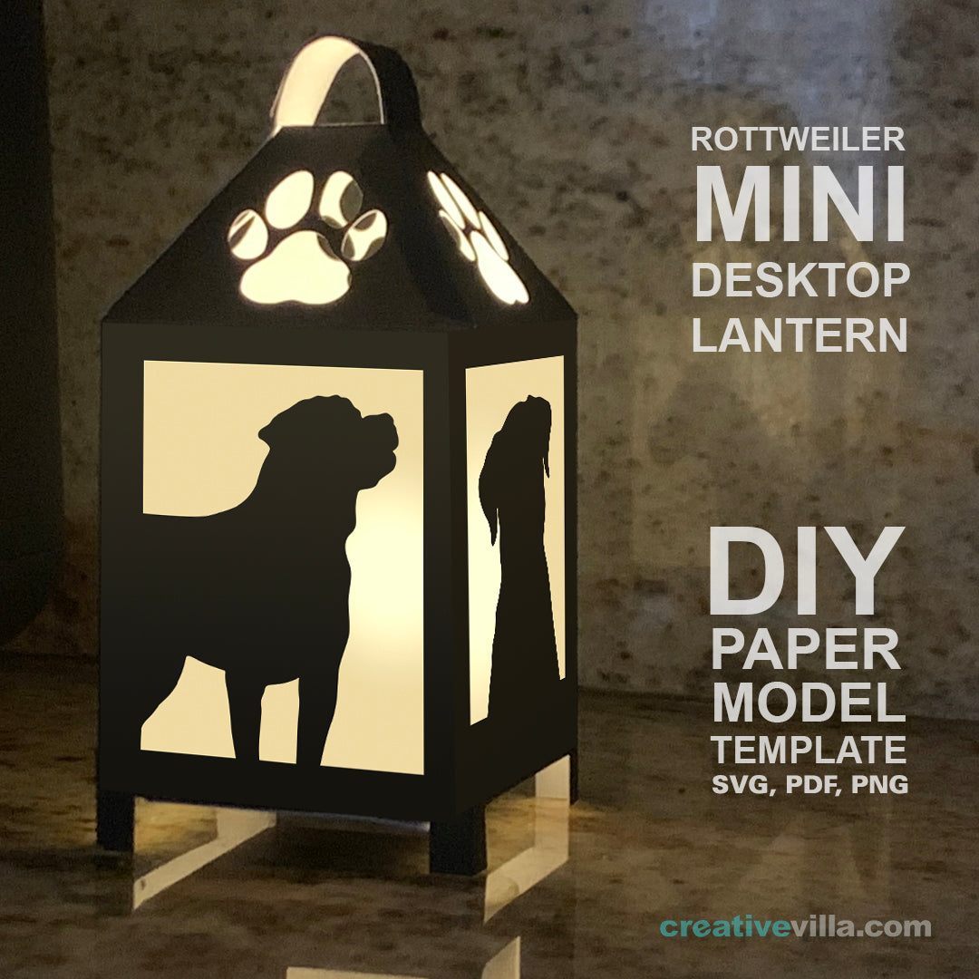 Rottweiler Dog Mini Desktop Lantern DIY Low Poly Paper Model Template, Cricut Paper Craft