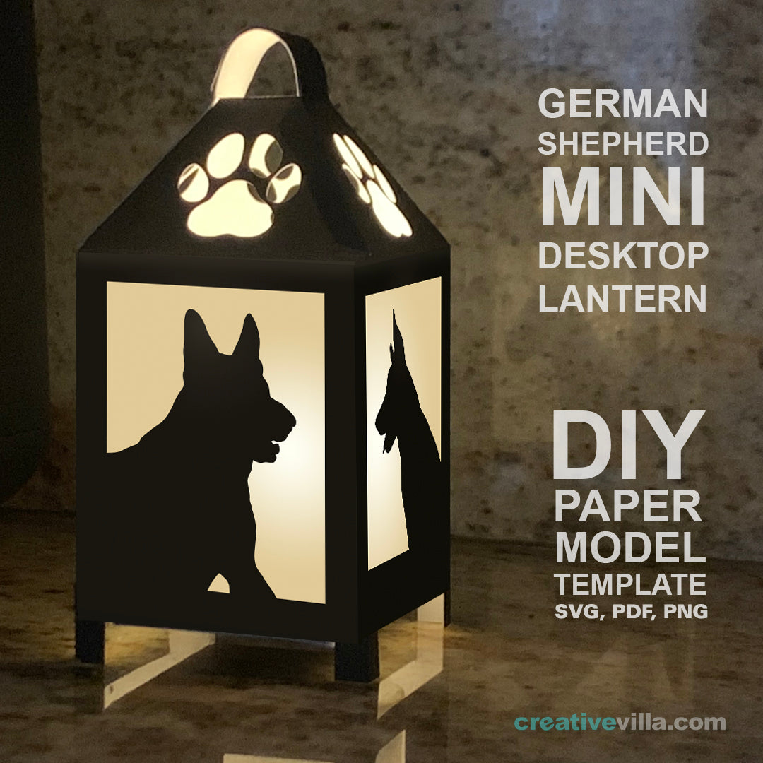 German Shepherd Mini Desktop Lantern DIY Low Poly Paper Model Template, Cricut Paper Craft