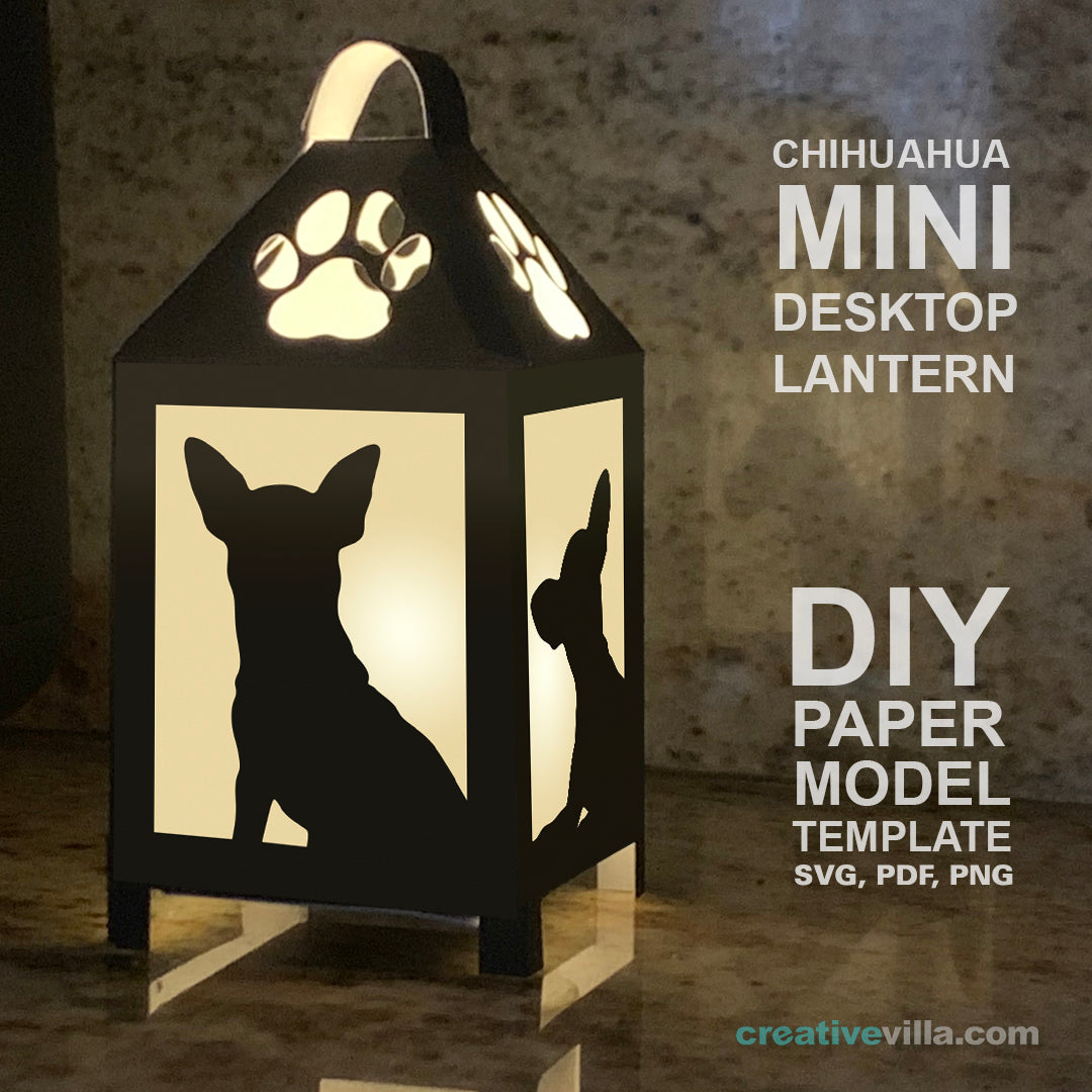 Chihuahua Mini Desktop Lantern DIY Low Poly Paper Model Template, Cricut Paper Craft