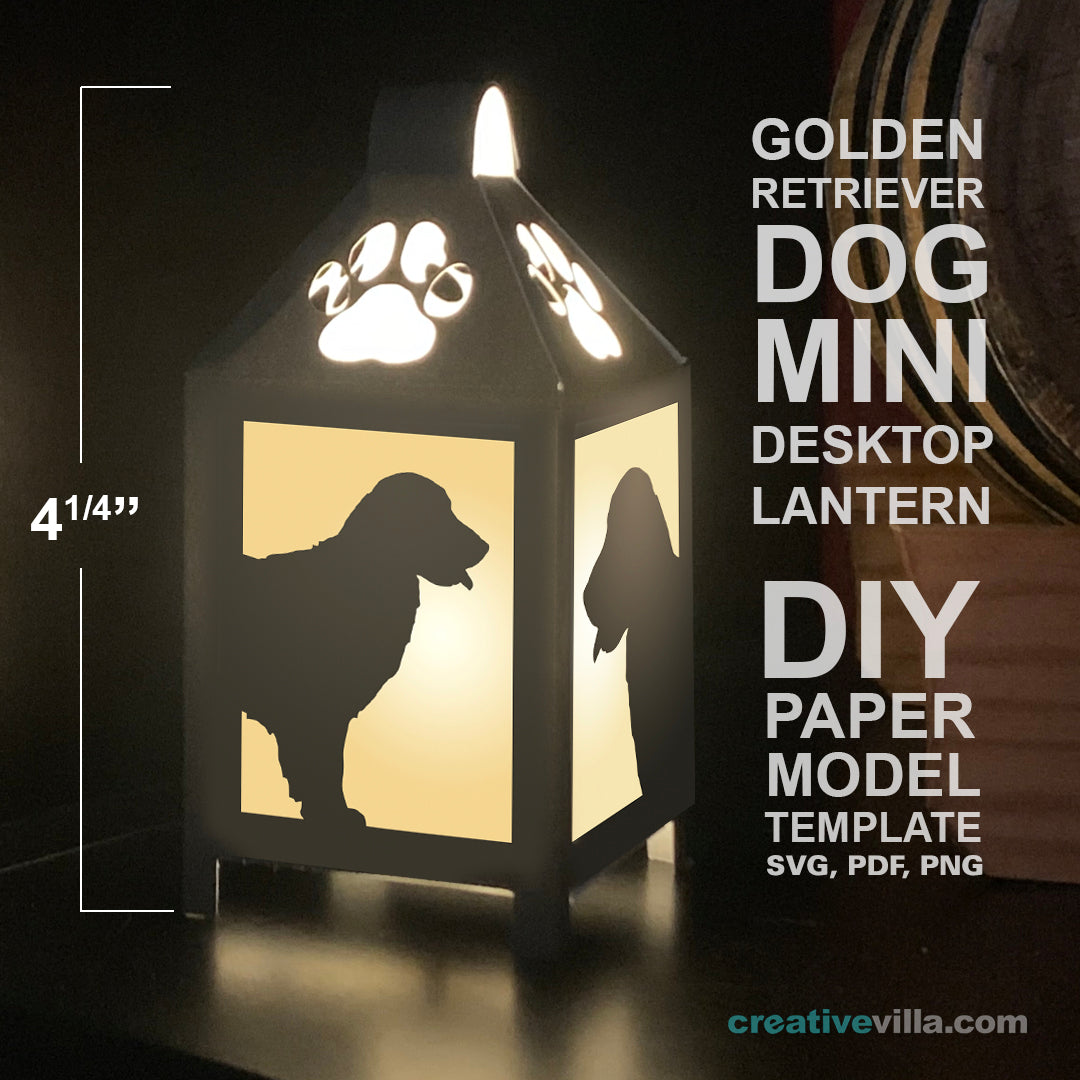 Golden Retriever Dog Mini Desktop Lantern DIY Low Poly Paper Model Template, Cricut Paper Craft