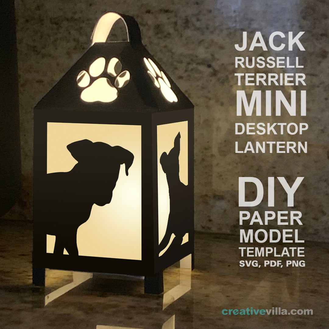 Jack Russell Terrier Dog Mini Desktop Lantern DIY Low Poly Paper Model Template, Cricut Paper Craft