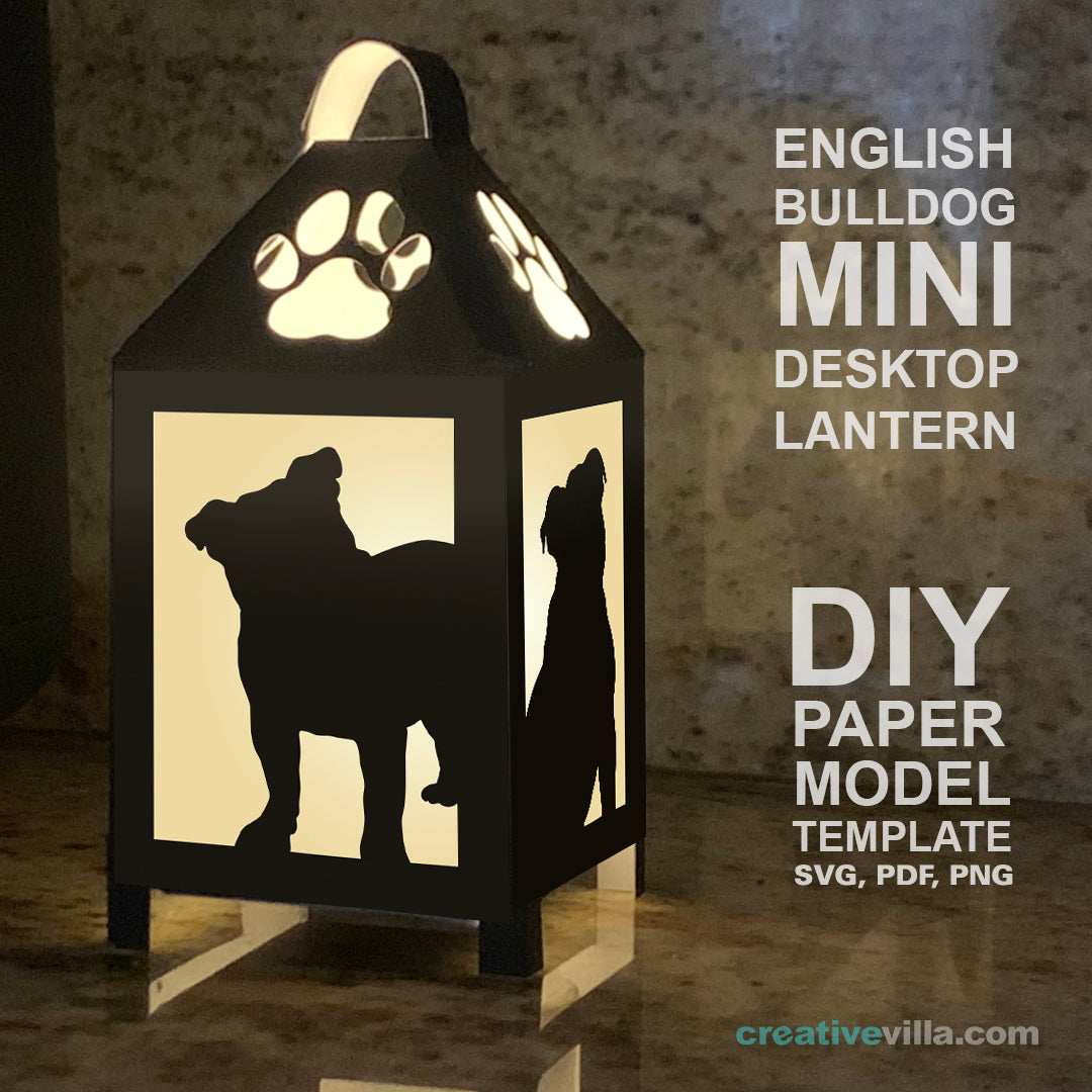 English Bulldog Mini Desktop Lantern DIY Low Poly Paper Model Template, Cricut Paper Craft