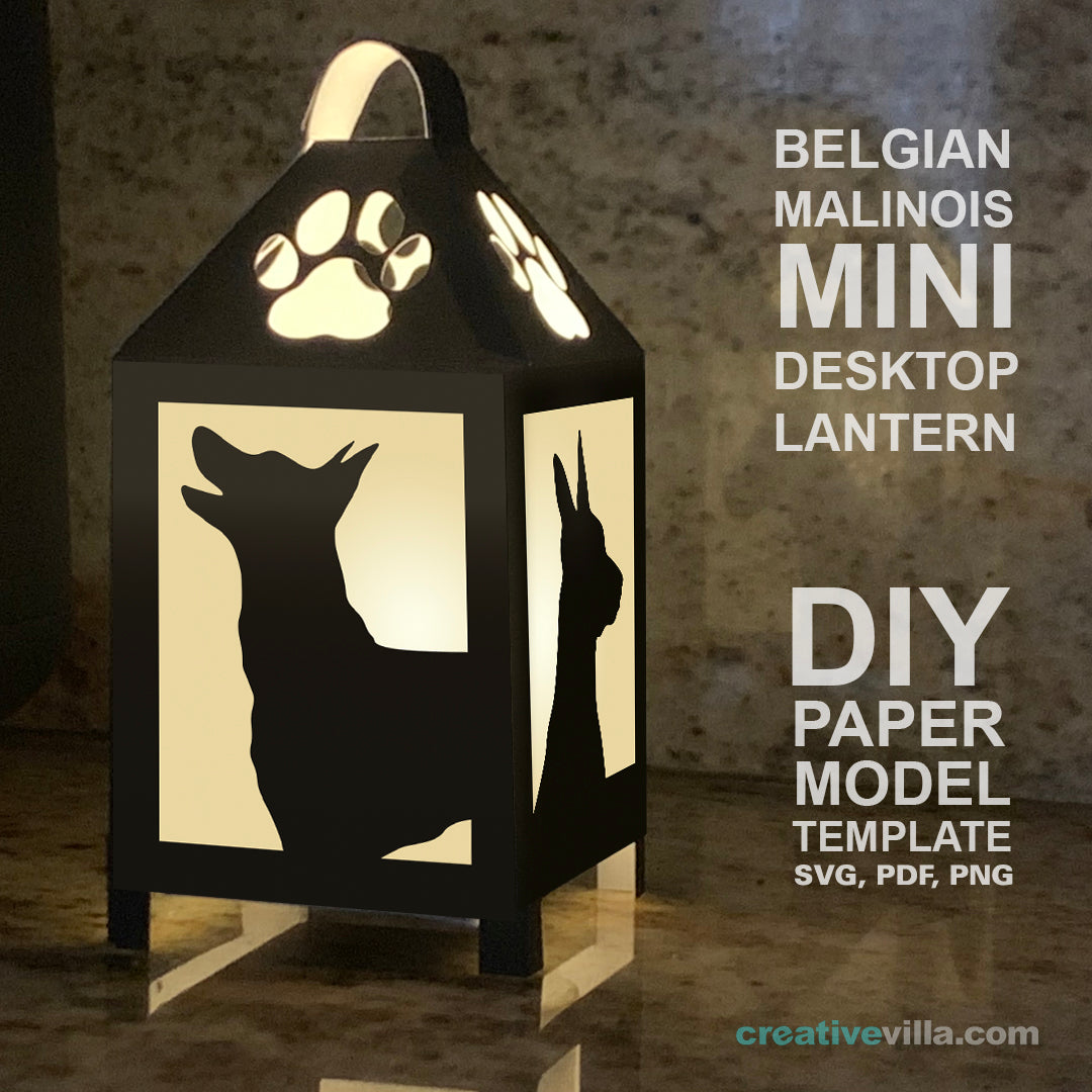 Belgium Malinois Mini Desktop Lantern DIY Low Poly Paper Model Template, Cricut Paper Craft