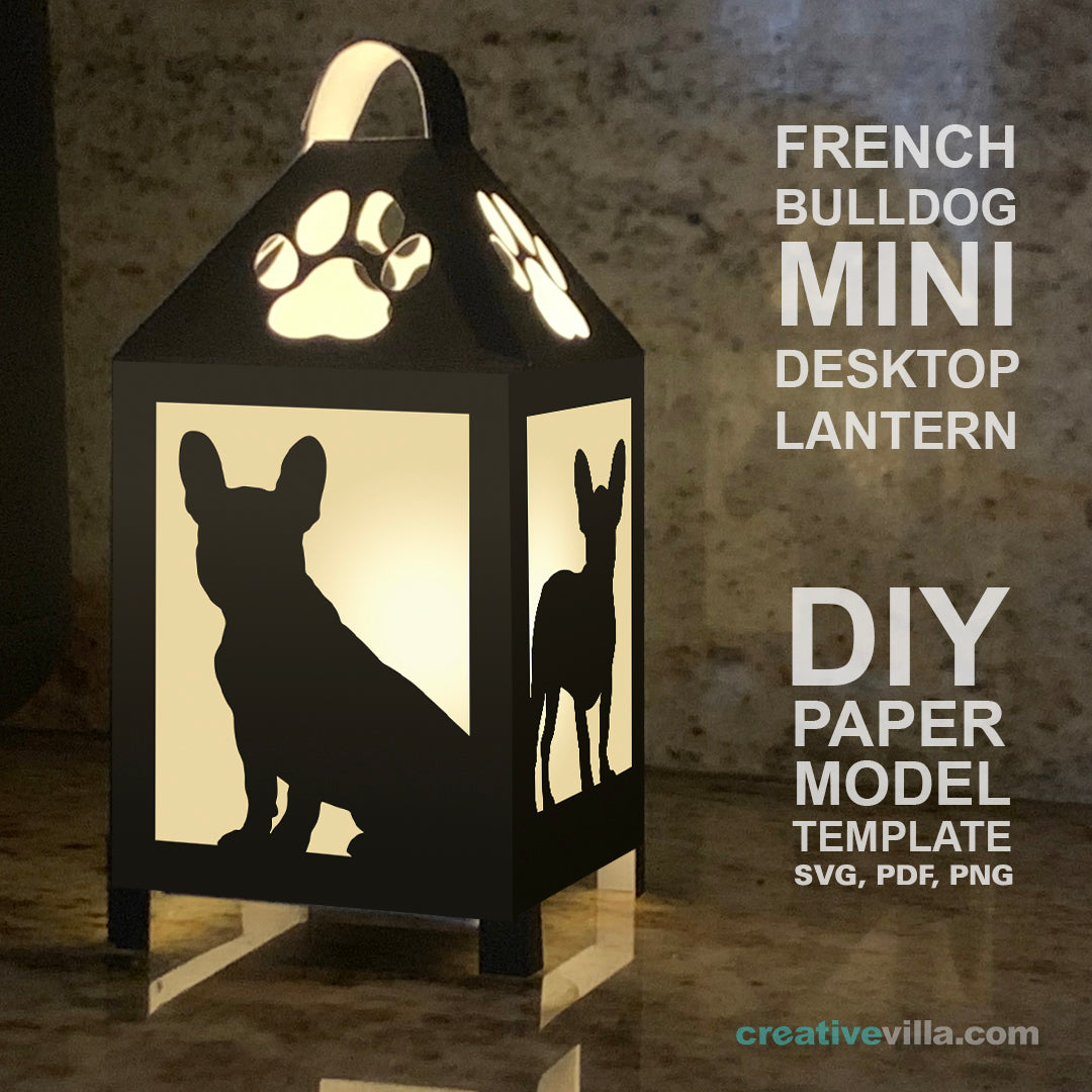 French Bulldog Mini Desktop Lantern DIY Low Poly Paper Model Template, Cricut Paper Craft
