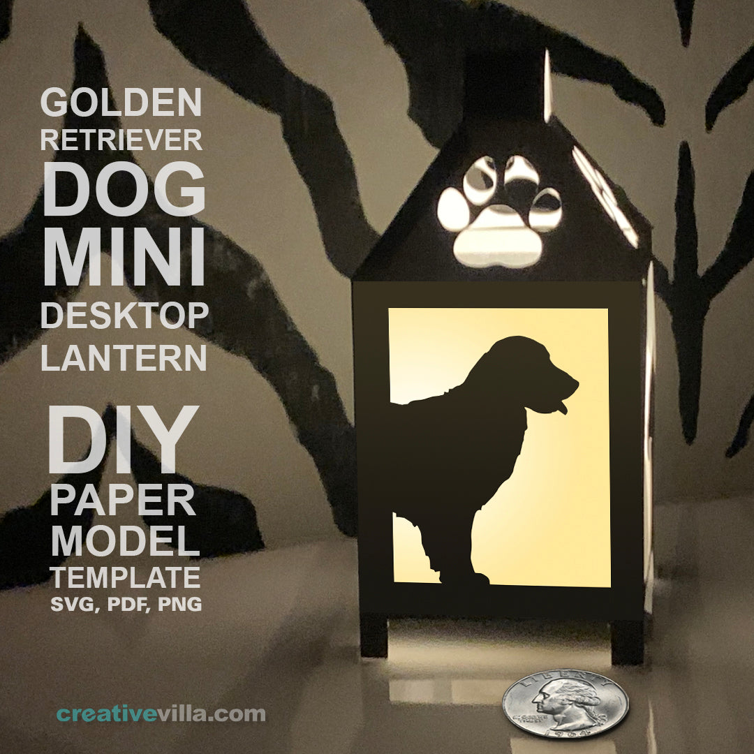 Golden Retriever Dog Mini Desktop Lantern DIY Low Poly Paper Model Template, Cricut Paper Craft