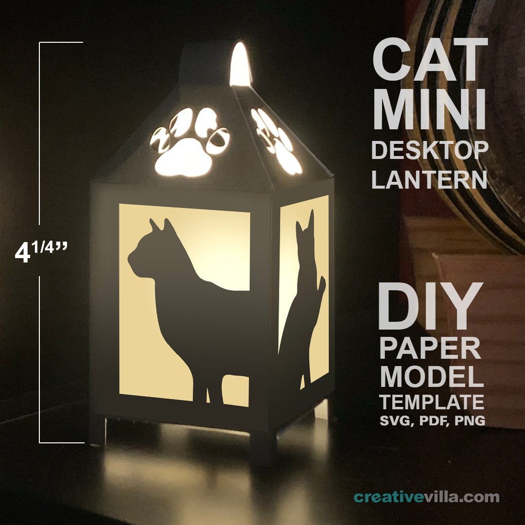 Cat Mini Desktop Lantern DIY Low Poly Paper Model Template, Cricut Paper Craft