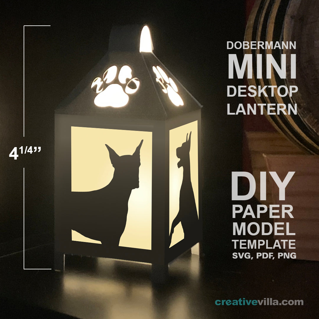 Dobermann Mini Desktop Lantern DIY Low Poly Paper Model Template, Cricut Paper Craft