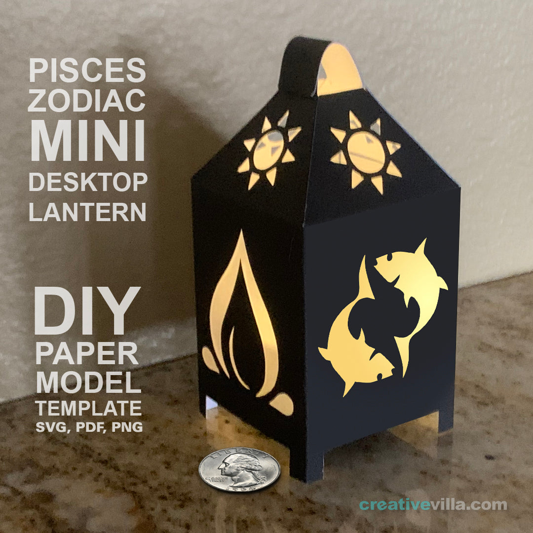 Pisces Zodiac Mini Desktop Lantern DIY Low Poly Paper Model Template, Cricut Paper Craft