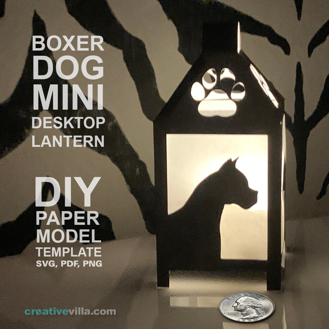 Boxer Dog Mini Desktop Lantern DIY Low Poly Paper Model Template, Cricut Paper Craft