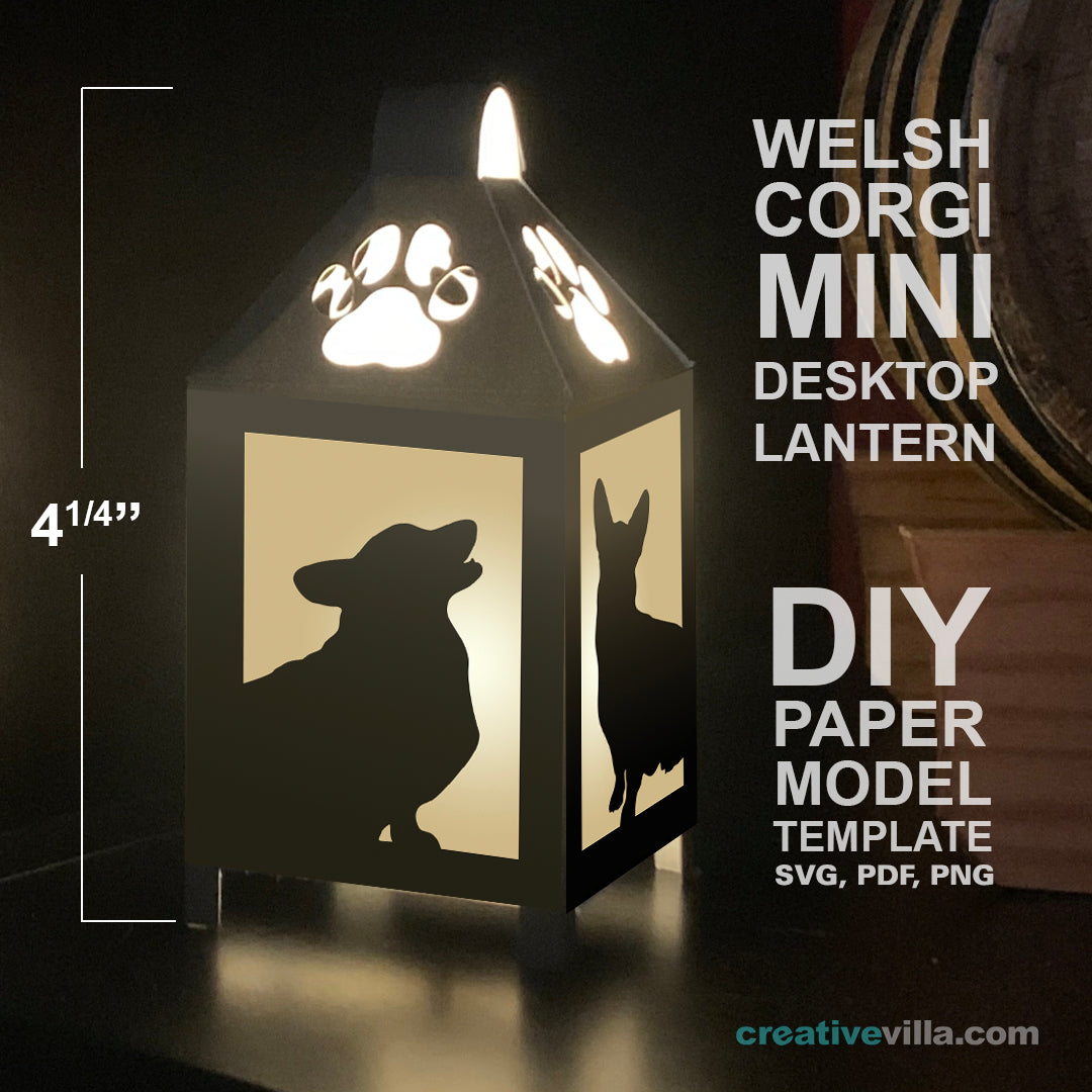 Welsh Corgi Dog Mini Desktop Lantern DIY Low Poly Paper Model Template, Cricut Paper Craft