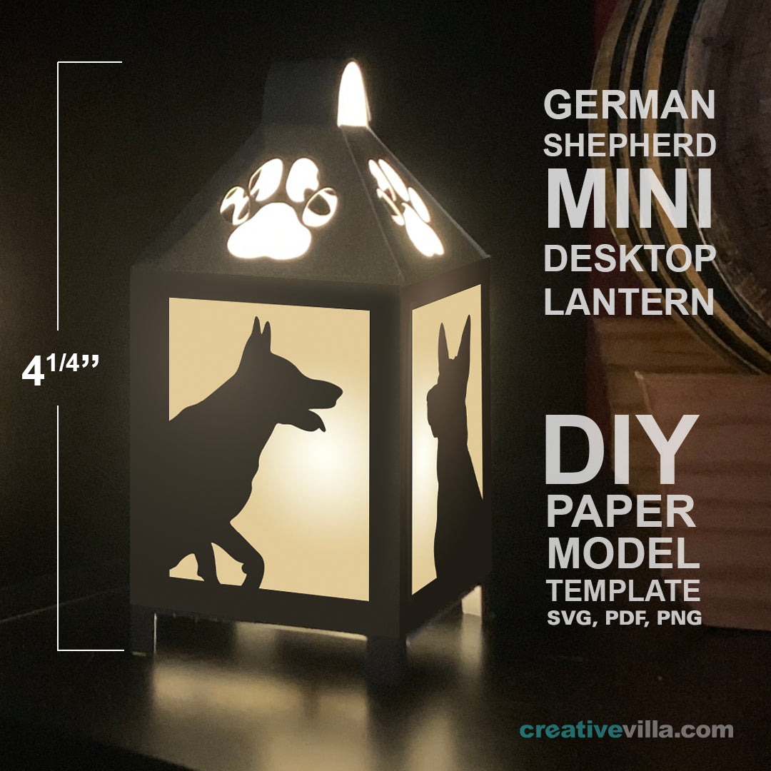 German Shepherd Mini Desktop Lantern DIY Low Poly Paper Model Template, Cricut Paper Craft