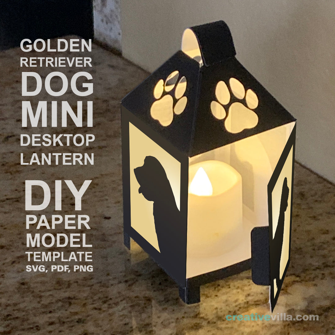 Golden Retriever Dog Mini Desktop Lantern DIY Low Poly Paper Model Template, Cricut Paper Craft