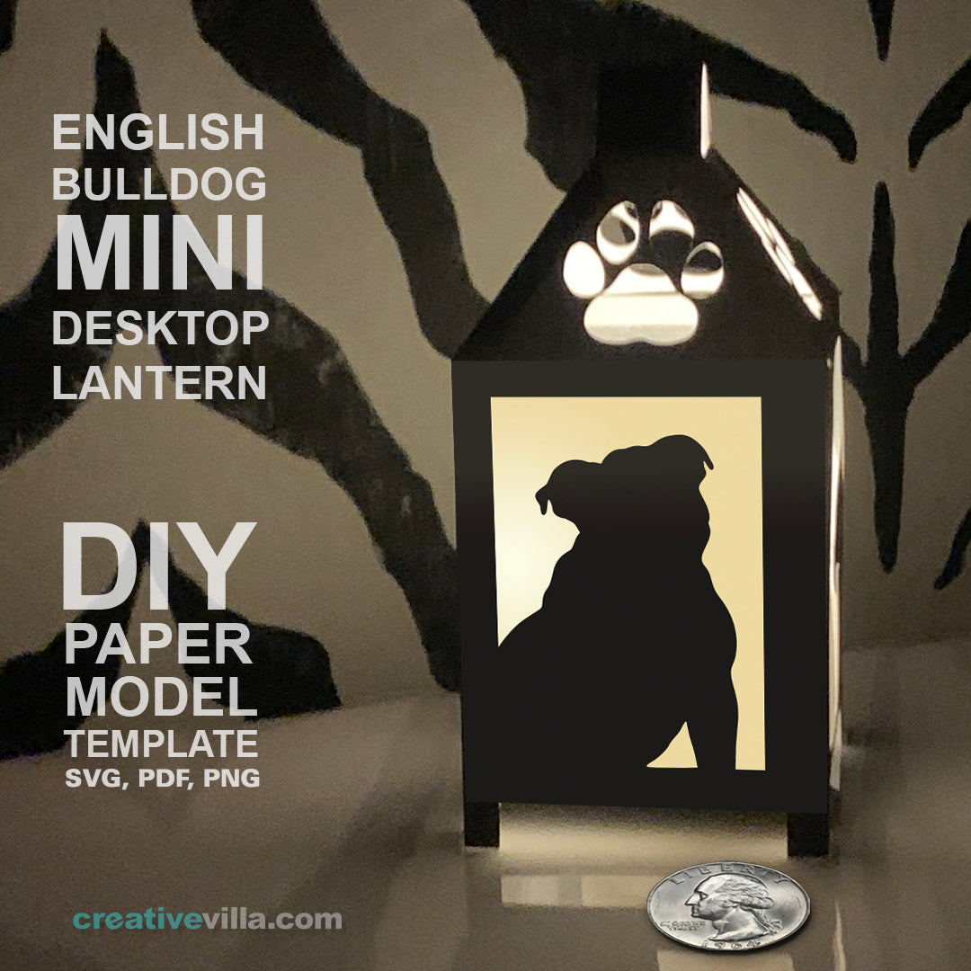 English Bulldog Mini Desktop Lantern DIY Low Poly Paper Model Template, Cricut Paper Craft
