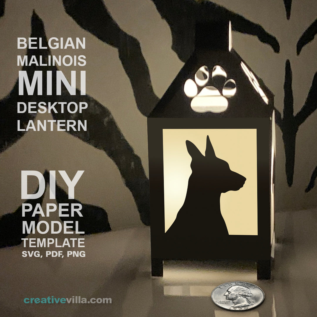 Belgium Malinois Mini Desktop Lantern DIY Low Poly Paper Model Template, Cricut Paper Craft