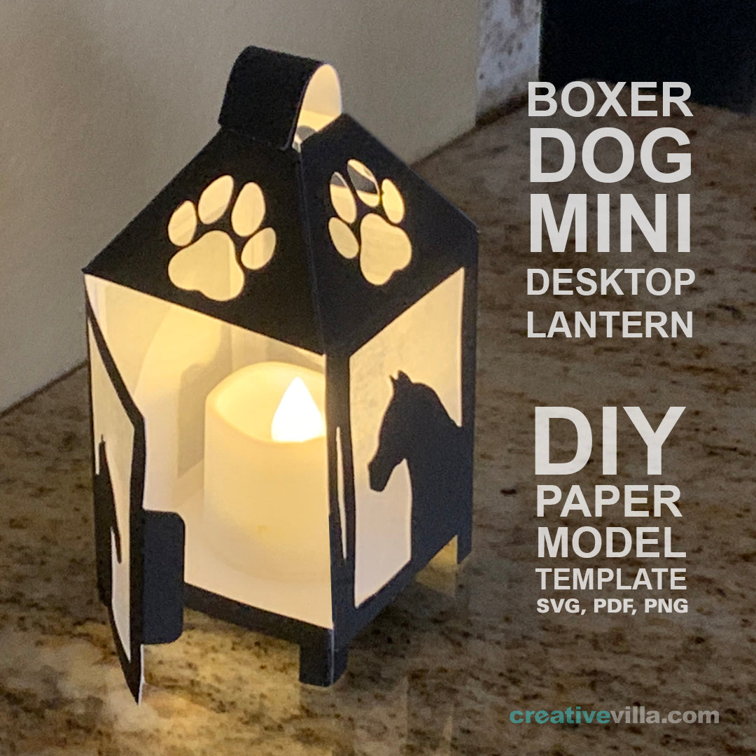 Boxer Dog Mini Desktop Lantern DIY Low Poly Paper Model Template, Cricut Paper Craft