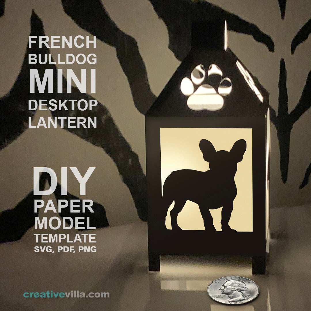 French Bulldog Mini Desktop Lantern DIY Low Poly Paper Model Template, Cricut Paper Craft