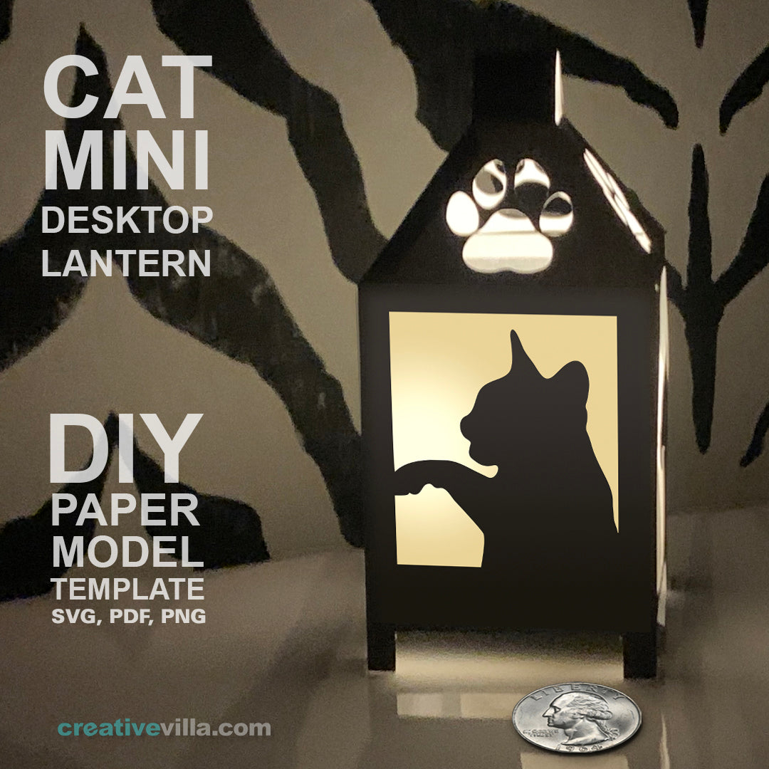 Cat Mini Desktop Lantern DIY Low Poly Paper Model Template, Cricut Paper Craft