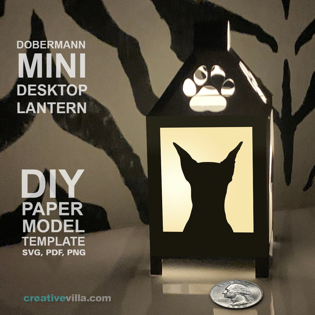 Dobermann Mini Desktop Lantern DIY Low Poly Paper Model Template, Cricut Paper Craft
