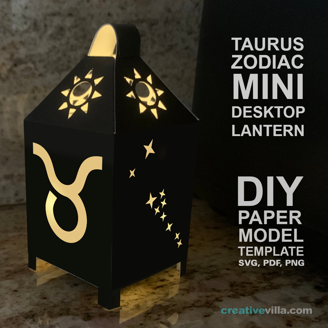 Taurus Zodiac Mini Desktop Lantern DIY Low Poly Paper Model Template, Cricut Paper Craft