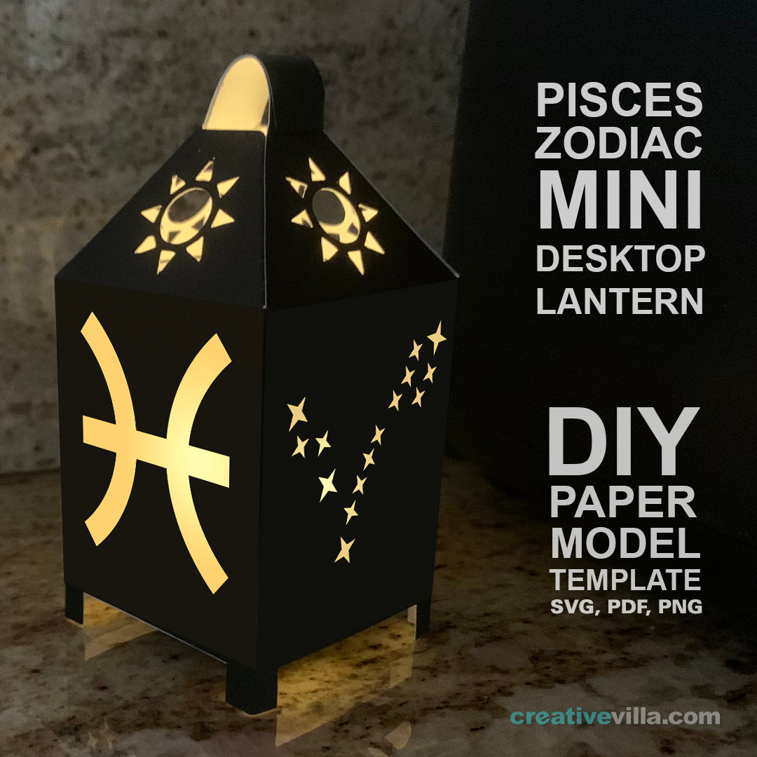 Pisces Zodiac Mini Desktop Lantern DIY Low Poly Paper Model Template, Cricut Paper Craft