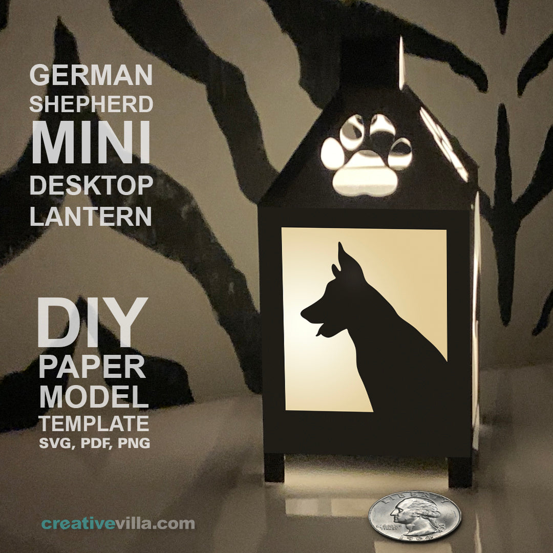 German Shepherd Mini Desktop Lantern DIY Low Poly Paper Model Template, Cricut Paper Craft