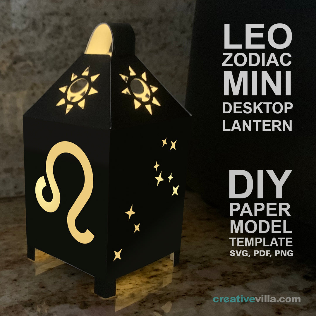 Leo Zodiac Mini Desktop Lantern DIY Low Poly Paper Model Template, Cricut Paper Craft