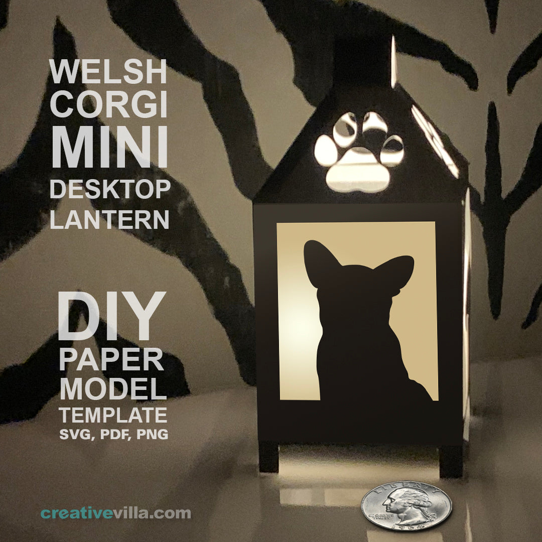 Welsh Corgi Dog Mini Desktop Lantern DIY Low Poly Paper Model Template, Cricut Paper Craft