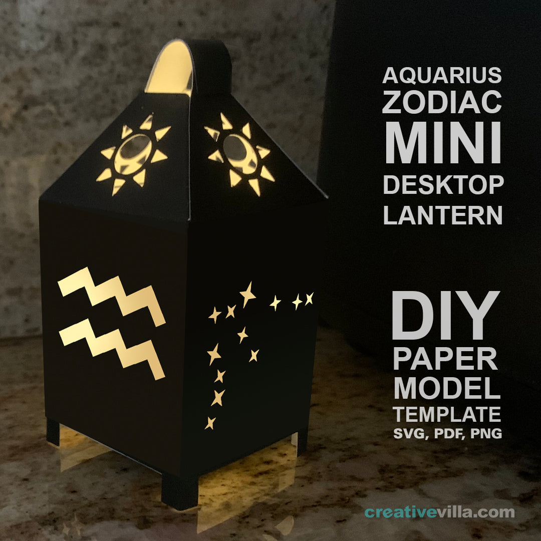 Aquarius Zodiac Mini Desktop Lantern DIY Low Poly Paper Model Template, Cricut Paper Craft