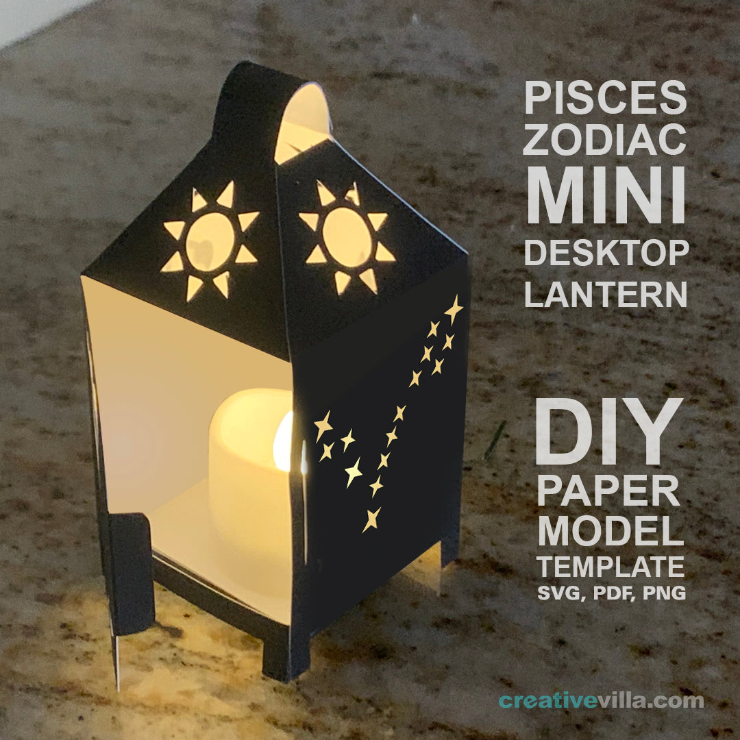 Pisces Zodiac Mini Desktop Lantern DIY Low Poly Paper Model Template, Cricut Paper Craft