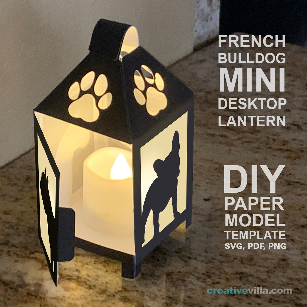 French Bulldog Mini Desktop Lantern DIY Low Poly Paper Model Template, Cricut Paper Craft