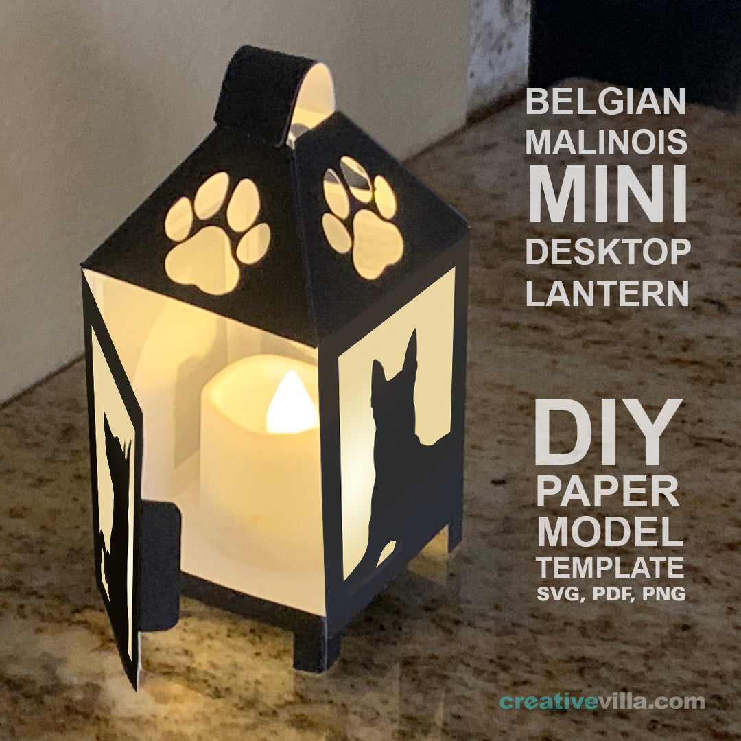 Belgium Malinois Mini Desktop Lantern DIY Low Poly Paper Model Template, Cricut Paper Craft