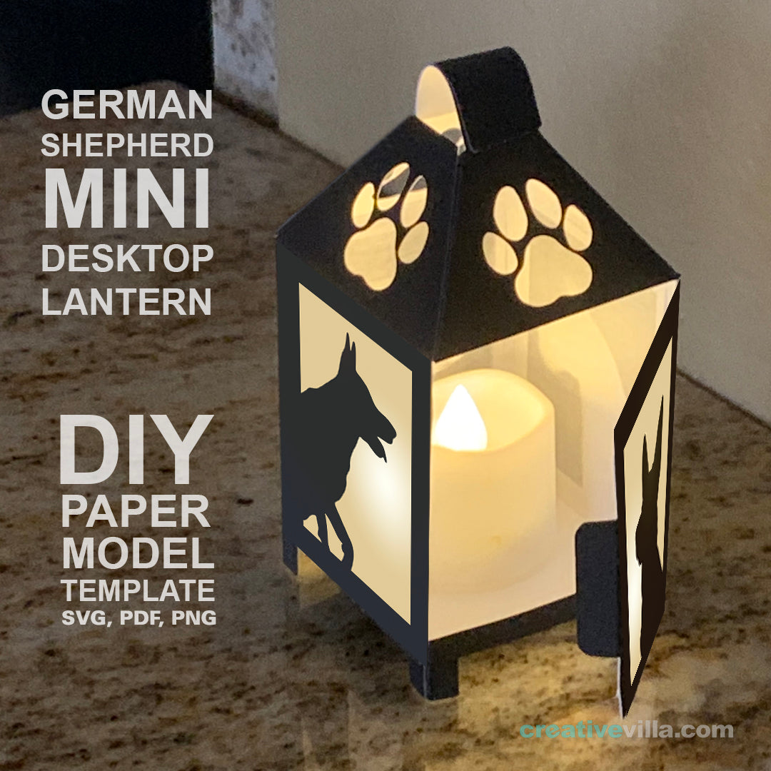 German Shepherd Mini Desktop Lantern DIY Low Poly Paper Model Template, Cricut Paper Craft