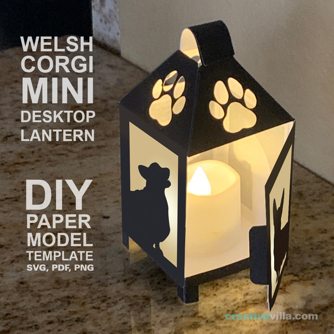 Welsh Corgi Dog Mini Desktop Lantern DIY Low Poly Paper Model Template, Cricut Paper Craft