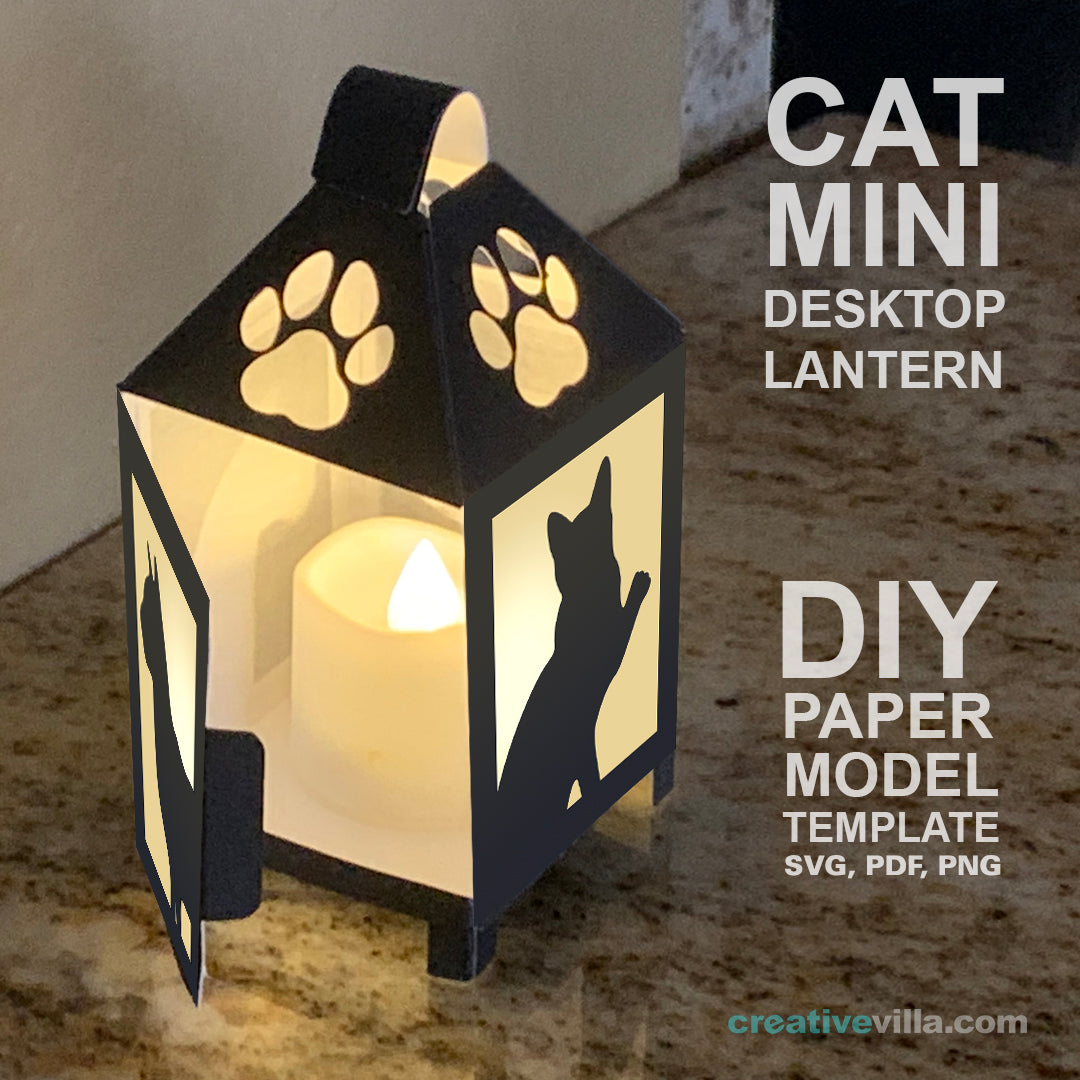 Cat Mini Desktop Lantern DIY Low Poly Paper Model Template, Cricut Paper Craft