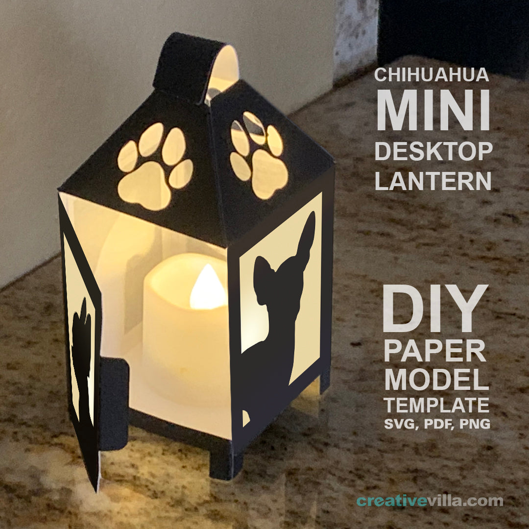 Chihuahua Mini Desktop Lantern DIY Low Poly Paper Model Template, Cricut Paper Craft